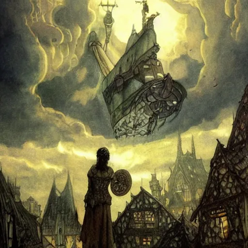 Image similar to Fantasy village, the inhabitant looking up at the sky. The sky is completely covered to the horizon by an incredibly huge airship-like ship. Extremely high detail, realistic, dark fantasy art, masterpiece, 8k, octane rendering, Arthur Rackham painting, art by Victoria Frances, Frank Frazetta.