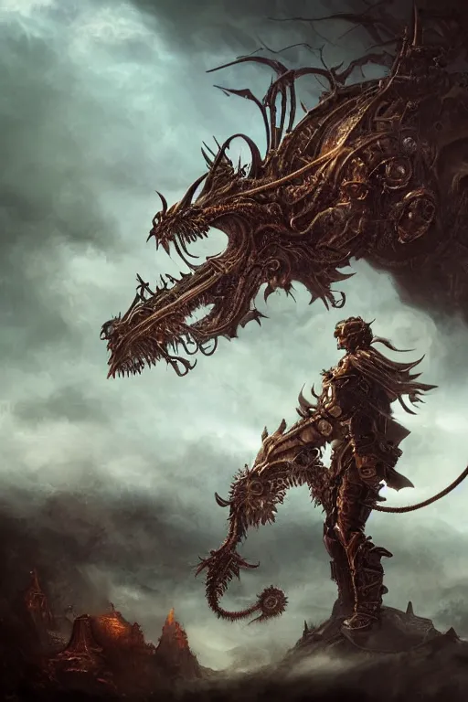 Prompt: Epic Abstract tech close up action scene of a old steampunk human warrior riding a gigantic etheral wyrm, horror, volumetric clouds, focus, detailed, realistic eyes, symmetric body features proportions, intricate details, award winning, unreal render, by Tom Bagshaw