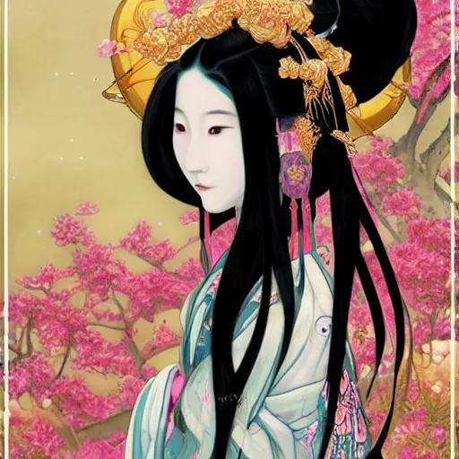 Image similar to portrait of the japanese moon princess kaguya hime with long flowing black hair wearing an ornate kimono with intricate floral patterns, touhou character illustration by ross tran, bo chen, toni infante, rebecca oborn, michael whelan, trending on artstation cgsociety hq