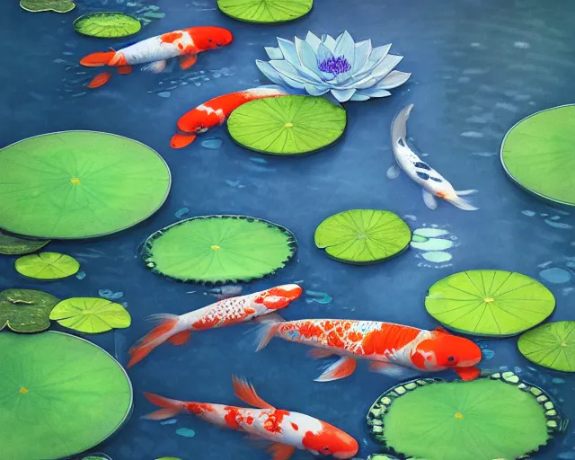 Prompt: koi pond, lotus flowers, dark blue water, green lily pads, goldfish, a fantasy digital painting by makoto shinkai and Alena Aenami, trending on artstation,