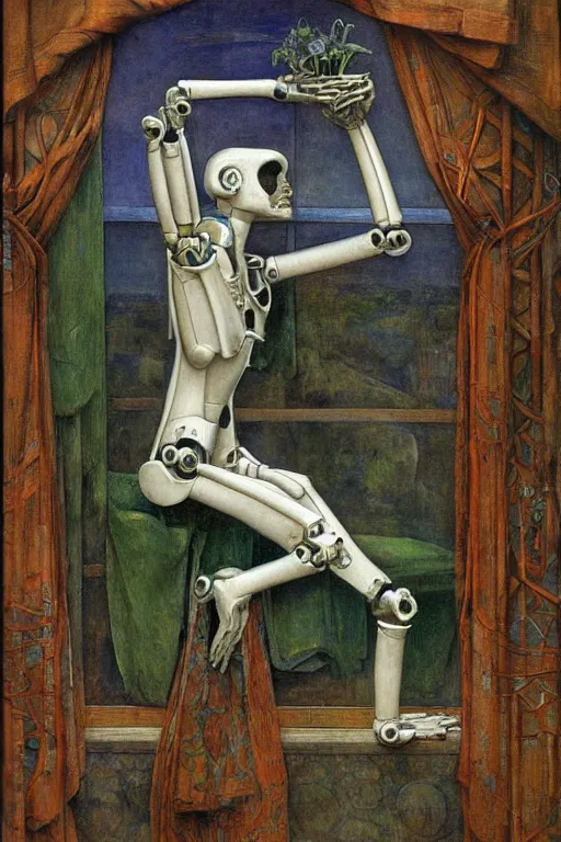 Image similar to the robot wearing her bone crown stands by the window , by Annie Swynnerton and Diego Rivera and Elihu Vedder, symbolist, dramatic lighting, elaborate geometric ornament, Art Brut, soft blues and greens,smooth, sharp focus, extremely detailed, Adolf Wölfli and Evelyn De Morgan