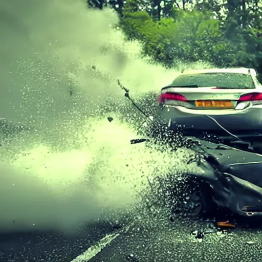 Image similar to still frame of a slowmo video of a car crashing