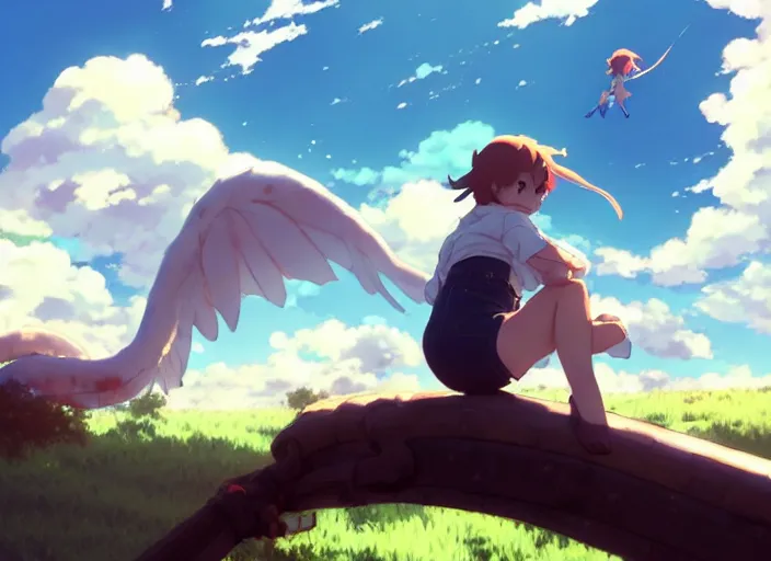 Prompt: a massive seprent kaiju creature flying through the sky, as a thicc farmer girl watches while sitting on a fence post, fluffy white clouds on the horizon, by makoto shinkai an krenz cushart