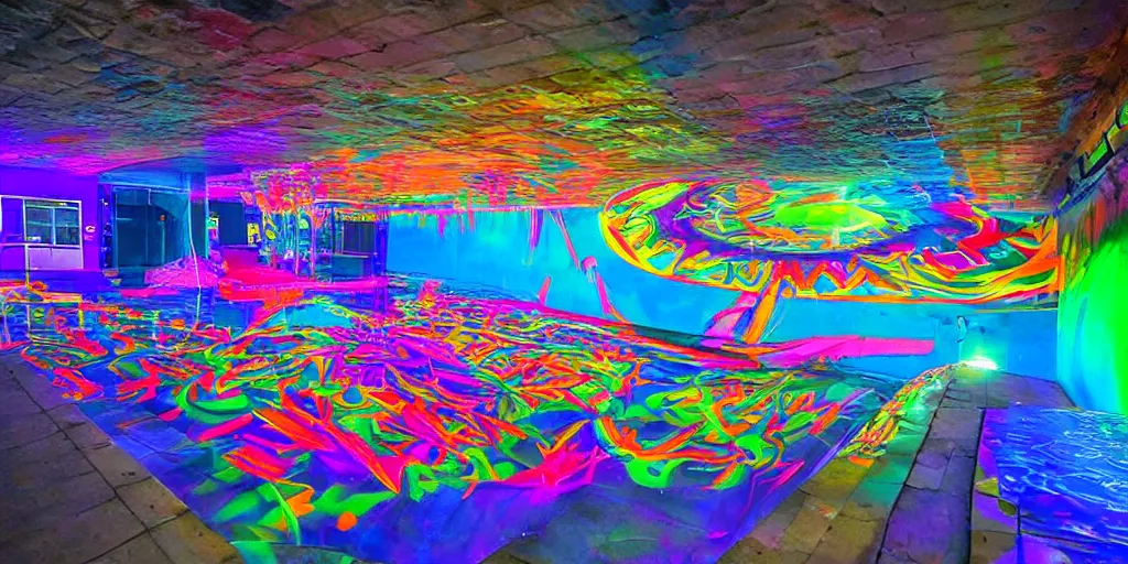 Prompt: backflip into a pool caustics lighting impressive colorful masterpiece graffiti