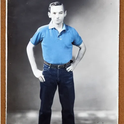 Image similar to preston hawkes wearing a blue collared polo shirt with blue jeans holding a protractor in one hand and a sword in the other hand, studio portrait