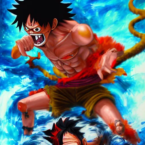 Image similar to highly detailed painting of Monkey D. luffy fighting Kaido, gruesome, scary, sci-fi, hyper realistic