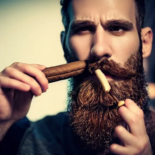 Image similar to a man with a beard smoking a cigar, highly realistic, very realistic, realistic face, photorealistic