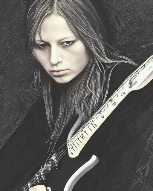 Image similar to charlotte de witte playing guittar, highly detailed face, close-up, female art, realistic, intricate, hyper detailed, artstation, concept art, smooth, sharp focus, ray tracing