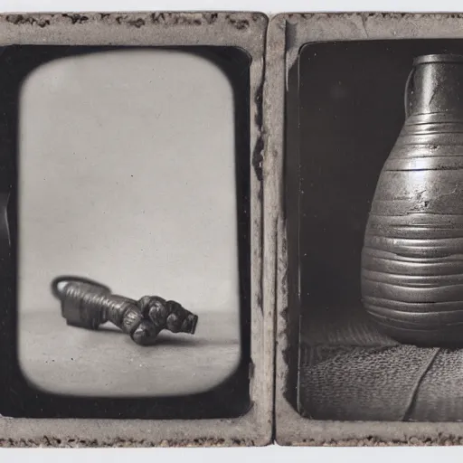 Image similar to Tintype photograph of primitive objects displayed in an ethnographic museum, archive material, anthropology, 1920s studio lighting.