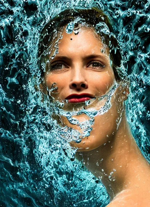 Image similar to A beautiful closeup portrait of a woman fully submerged ecxept of the top of his head, excited look in her eyes, water reflection, in style of frontiers in a spring water fall surrounded by greenery, highly detailed, soft lighting, elegant,sigma 85mm, shallow depth of field, Edward Hopper and James Gilleard, Zdzislaw Beksinski, Steven Outram, highly detailed