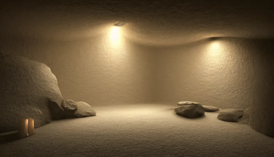 Image similar to japanese lamp inside a cave made of chalk, photorealistic rendering, atmospheric light, octane, redshift