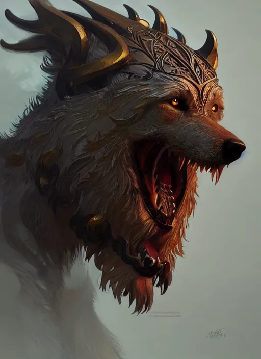 Image similar to anthropomorphic dire wolf berserker, intricate, elegant, highly detailed animal monster, digital painting, artstation, concept art, smooth, sharp focus, illustration, art by artgerm and greg rutkowski and alphonse mucha, 8 k