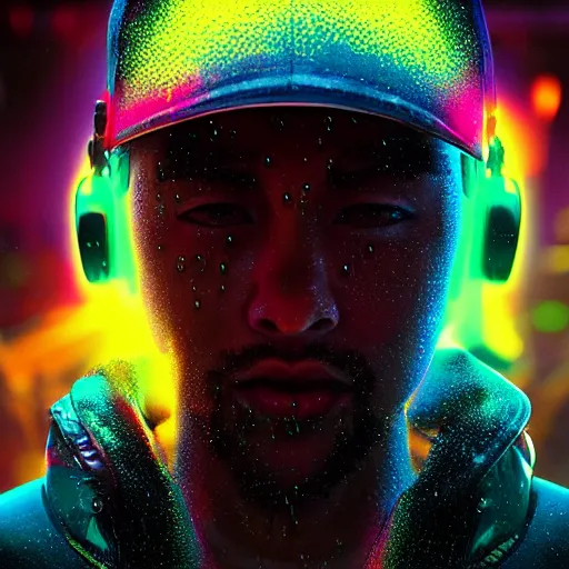 Image similar to splashes of neon, portrait made out of rain, trending on artstation, epic composition, emotional, beautiful, rendered in octane, unreal engine, highly detailed, realistic, galaxy background