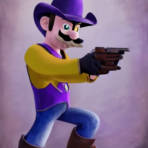 Prompt: waluigi from the mario series dressed as a cowboy holding a big iron revolver fighting outlaws in a town, cinematic still frame oil painting, high detailed painting, greatly illustrated, photo - realistic painting )