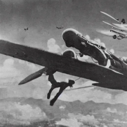 Image similar to photo of Japanese dogfighters in an aerial battle against a giant oriental dragon, world war 2, Color,