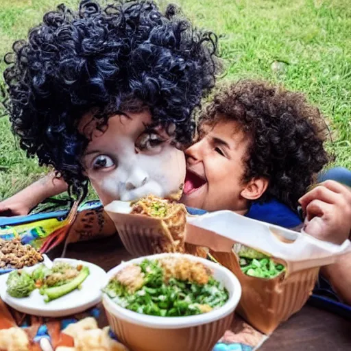 Image similar to curly haired mixed Hispanic with the biggest underbite looks in awe at a gigantic feast in front of him