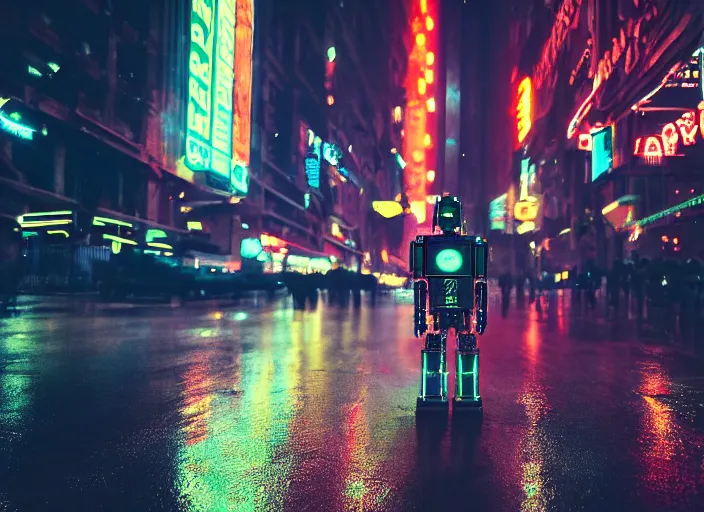 Image similar to a kodachrome photo of a tall huge metallic cyborg droid android with glowing lights, running sprinting on a rainy night in the city in the 1 9 5 0's, dramatic, seen from a distance, canon 5 0 mm, cinematic lighting, film, photography, award - winning, neon, cyberpunk, blade runner