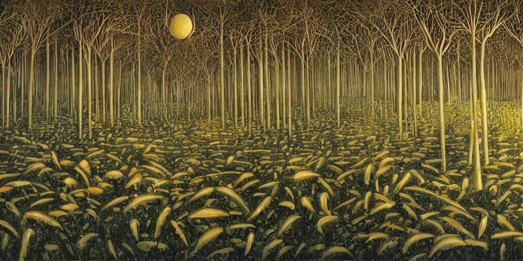 Prompt: Artwork of the Cinematic view of a diatoms forest by Giorgio de Chirico, Trending on artstation