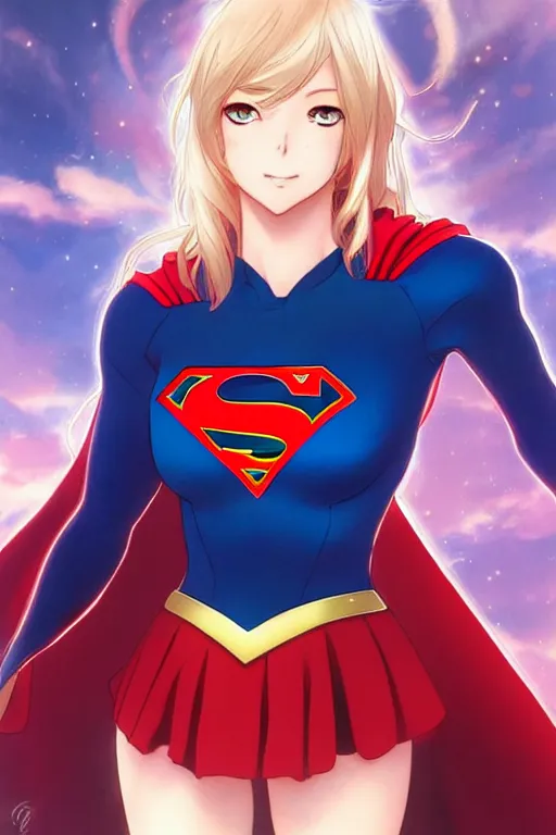 Image similar to anime key visual of a beautiful female supergirl!! intricate, red, blue gold suit, powers, speed, dc comics, cinematic, stunning, highly detailed, digital painting, artstation, smooth, hard focus, illustration, art by artgerm and greg rutkowski and alphonse mucha