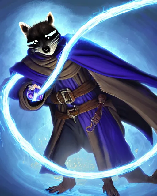 Prompt: closeup, highly detailed digital illustration portrait of hooded priest sorcerer druid necromancer sly cooper rocket the raccoon casting a magical energy sparkling swirling blue glowing spell in an ancient castle, action pose, d & d, magic the gathering, by rhads, frank frazetta, lois van baarle, jean - baptiste monge, disney, pixar,