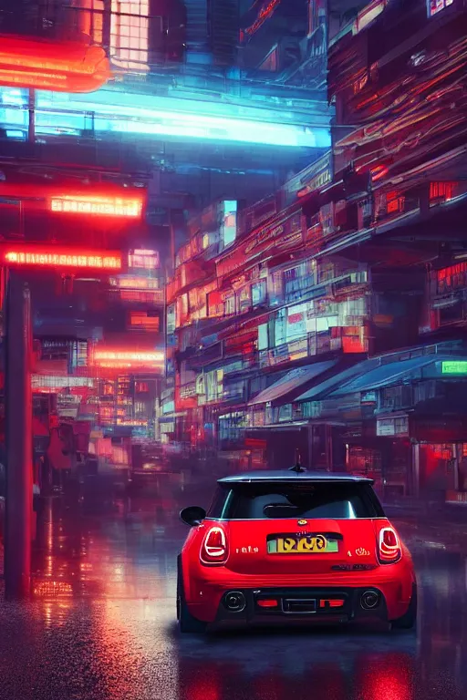 Image similar to Red Mini Cooper S, Futuristic Asian city at night with rain, Cyberpunk style, Neon lights, Matte paiting, cinematic lighting, corona render, smoke, light rays, 8k