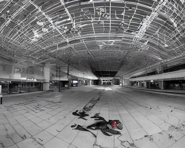 Image similar to camera footage of a Gigantic Spider Demon in an abandoned shopping mall, high exposure, dark, monochrome, camera, Unreal engine 5, grainy, CCTV, security camera footage, timestamp, zoomed in, fish-eye lens, Evil, spider, horrifying, lunging at camera :4