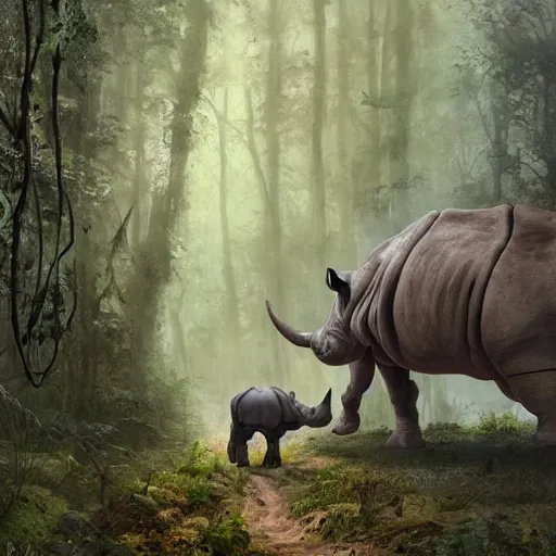 Prompt: a painting of a rhino and a skeleton in a forest, a detailed matte painting by marc simonetti, behance contest winner, fantasy art, matte painting, concept art, matte drawing.