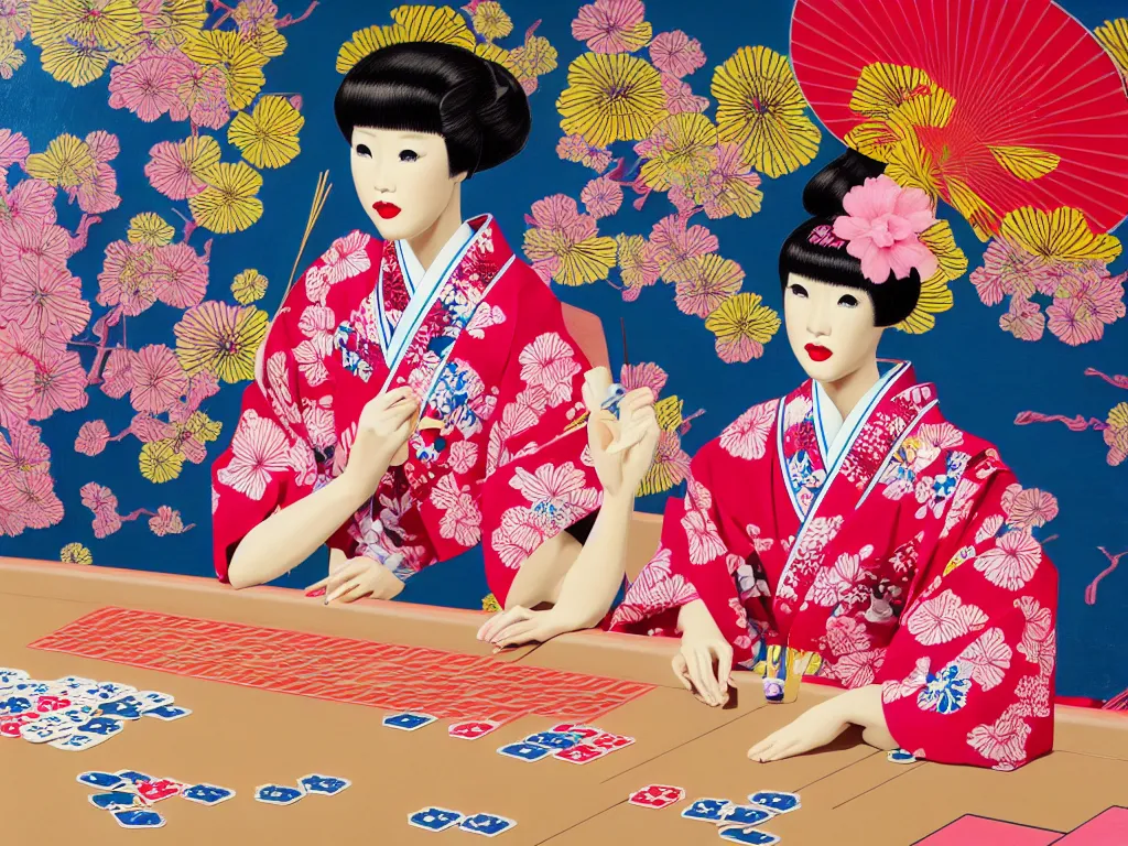 Image similar to hyperrealism composition of the detailed single woman in a japanese kimono sitting at an extremely detailed poker table with barbie, fireworks and folding screen on the background, pop - art style, jacky tsai style, andy warhol style, acrylic on canvas