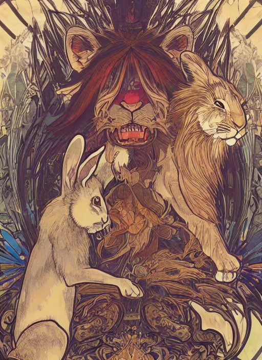 Image similar to rabbit and lion fight fiercely with anger in their eyes, wide angle lens, octane rendering, in the style alfonse mucha, 8 k,