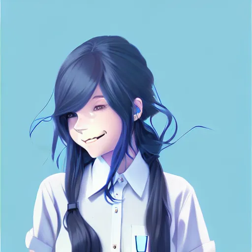 Image similar to urban school girl in shirt fanart, dark blue long hair, muted colors, matte print, pastel colors, ornate, digital art, cute smile, digital painting, fan art, elegant, pixiv, by Ilya Kuvshinov, by Studio Ghibli