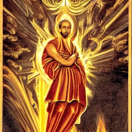 Image similar to divine fire coming to a modern man's head in his early 4 0 s