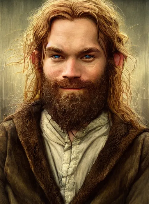 Image similar to portrait of pewdiepie as a hobbit, happy hobbit eating, by alan lee, lord of the rings, smooth, oil painting, matte painting, concept art, trending on artstation, promotional artwork, film still, elegant, photorealistic facial features, intricate, detailed face, cinematic lighting