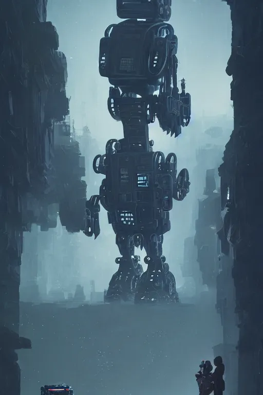 Image similar to A small person standing before a giant michanical robot by Greg Rutkowski, beeple, Sung Choi, Mitchell Mohrhauser, Maciej Kuciara, Johnson Ting, Maxim Verehin, Peter Konig, final fantasy, macro lens, 35mm, 8k photorealistic, cinematic lighting, HD, high details, dramatic, dark atmosphere, trending on artstation