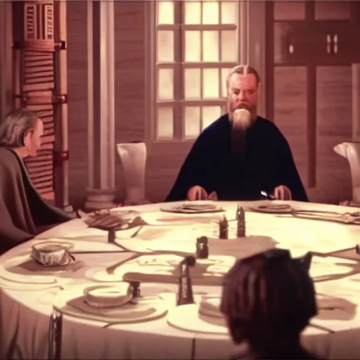 Prompt: Obi Wan Kenobi sits next to chancellor palpatine at a table and dreams tea. Movie Screenshot, Still from Movie, Highly Detailed, High Resolution