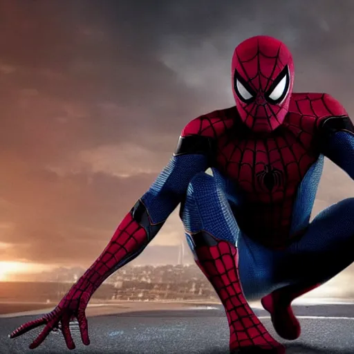 Image similar to promotional photo from new mcu spiderman movie featuring a black symbiote spiderman suit worn by tom holland