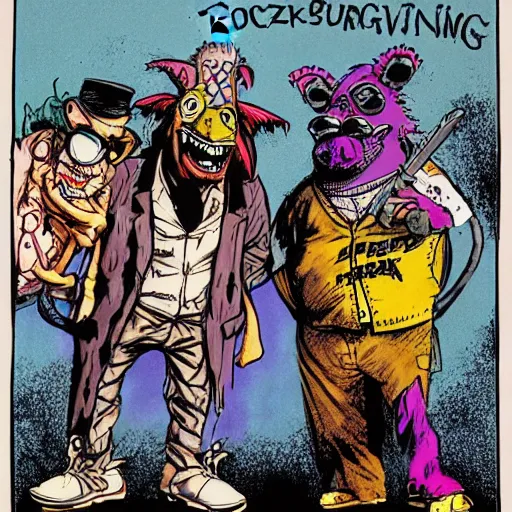 Image similar to Bebop and Rocksteady as Raoul Duke and Doctor Gonzo from Fear and Loathing in Las Vegas. Drawn by Ralph Steadman