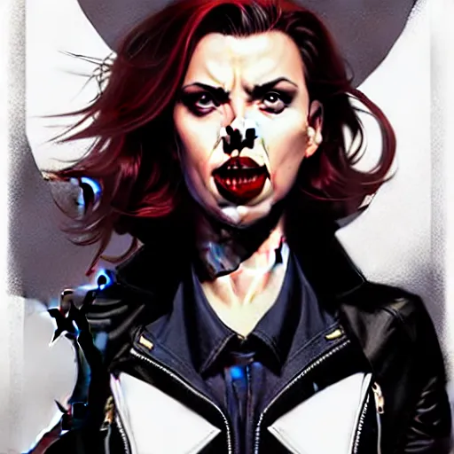 Prompt: rafael albuquerque comic art, peter mohrbacher, steve niles, artgerm, pretty scarlett johansson vampire sharp vampire teeth open mouth, symmetrical eyes, black leather jacket, jeans, long blonde hair, full body