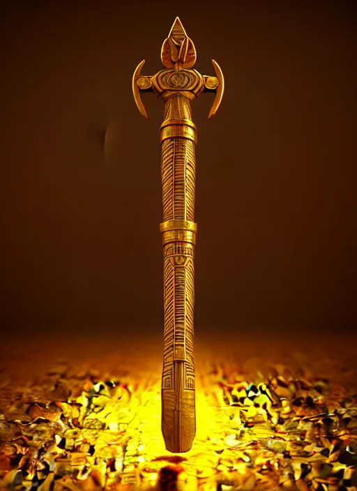 Image similar to rpg item render, a single egyptian gold staff, ancient symbols, bright, Unreal 5, DAZ, hyperrealistic, octane render, dynamic lighting