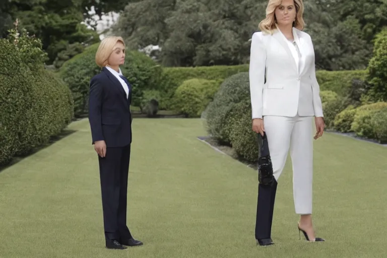 Prompt: < https : / / s. mj. run / njkon _ r 0 u 6 g > press photo of a beautiful 3 5 year old powerful white female president in a suit, being held romantically by her two younger white boyfriends in the white house rose garden, professional photo, press photo, glamorous, 8 k photorealistic, very detailed