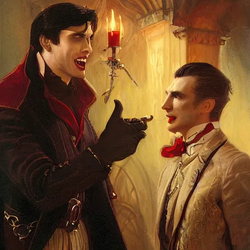 Image similar to attractive male, arthur pendragon confesses his love to attractive male dracula the vampire. highly detailed painting by gaston bussiere, craig mullins, j. c. leyendecker 8 k