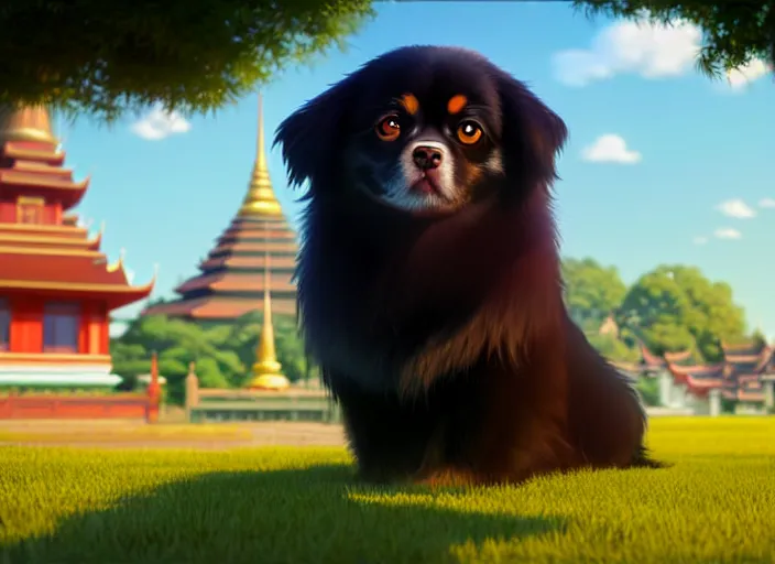 Image similar to a wholesome animation key shot of a black tibetan spaniel, thai temple in the background, studio ghibli, pixar and disney animation, sharp, rendered in unreal engine 5, anime key art by greg rutkowski, bloom, dramatic lighting