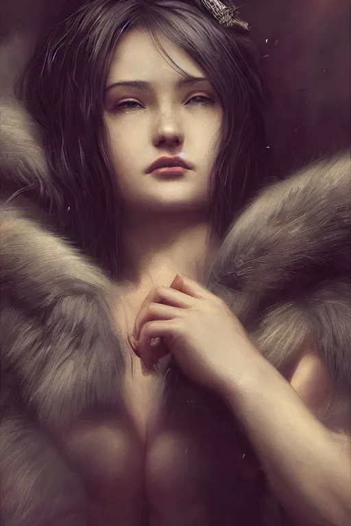 Prompt: A fancy portrait of an attractive women with fur Under garments by Greg Rutkowski, beeple, Sung Choi, Mitchell Mohrhauser, Maciej Kuciara, Johnson Ting, Maxim Verehin, Peter Konig, final fantasy, macro lens , 8k photorealistic, cinematic lighting, HD, high details, dramatic, dark atmosphere, trending on artstation