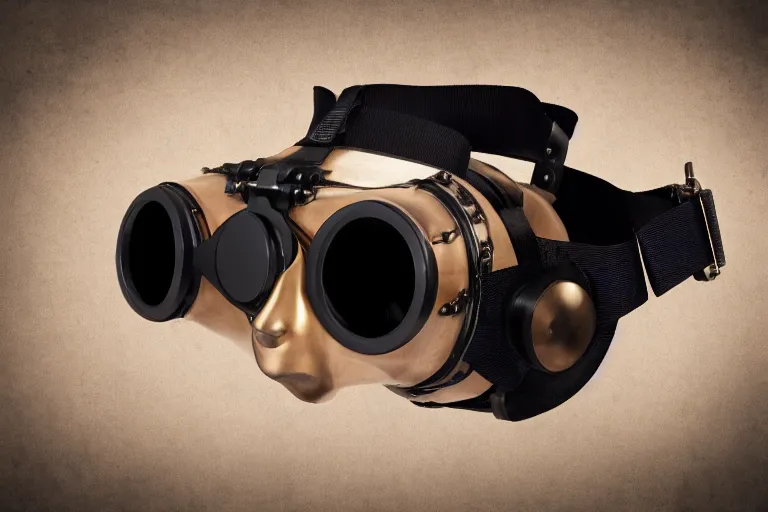 Image similar to a high quality product photography photoshoot of steampunk virtual reality goggles