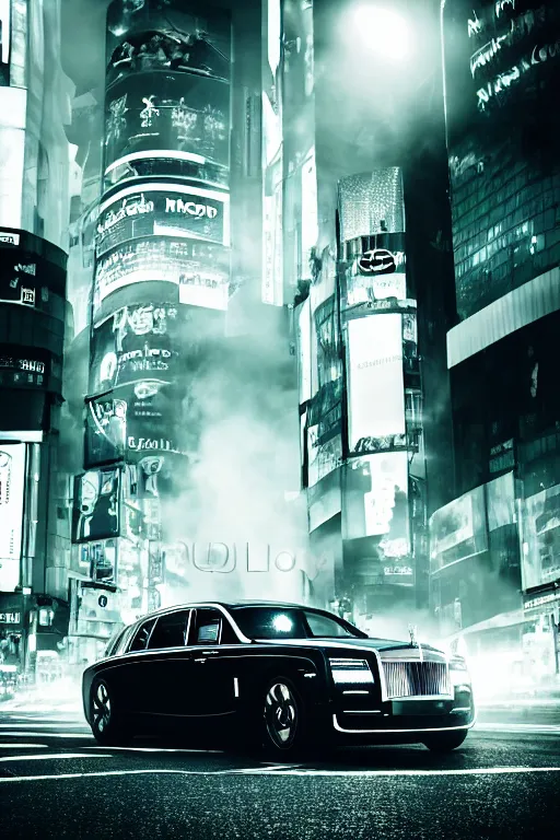 Image similar to a Photorealistic hyperdetailed hyper realistic dramatic moody Low angle night time render of futuristic Rolls Royce Phantom drifting in the middle of bustling shibuya crossing Tokyo, Beautiful dramatic moody tones and lighting, cinematic atmosphere, photorealism, 8K