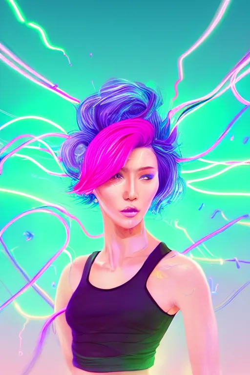 Image similar to a award winning half body portrait of a beautiful woman in a croptop and cargo pants with ombre purple pink teal hairstyle with head in motion and hair flying, surrounded by whirling illuminated lines, outrun, vaporware, shaded flat illustration, digital art, trending on artstation, highly detailed, fine detail, intricate