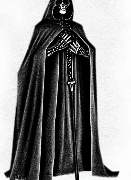 Image similar to pencil ultradetailed sketch of the necromancer, wearing a black cloak, crisp