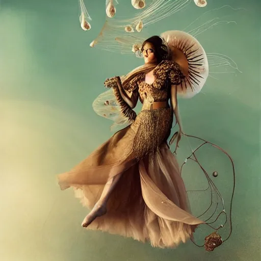 Image similar to brown woman wearing a jellyfish armor. iridiscent. super detailed. layered. textured. award winning. dispersion of light. refracted lighting. soft. fragile. by ray caesar. by louise dahl - wolfe. by andrea kowch. by tom bagshaw. surreal photography