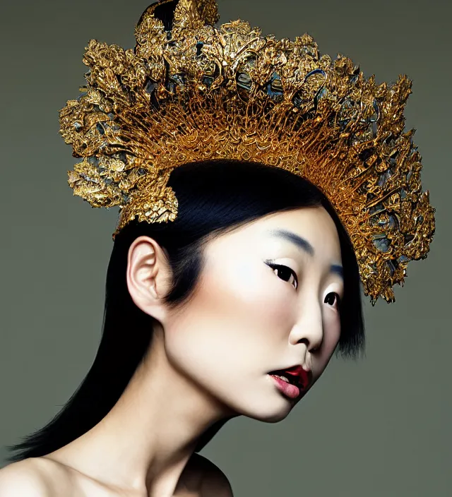 Image similar to photography face profil portrait of a beautiful asian woman like chiharu okunugi, great hair style,, half in shadow, natural pose, natural lighing, rim lighting, wearing an ornate stunning outfit and hat iris van herpen, colorfull newbaroque makeup by benjamin puckey, highly detailed, skin grain detail, photography by paolo roversi