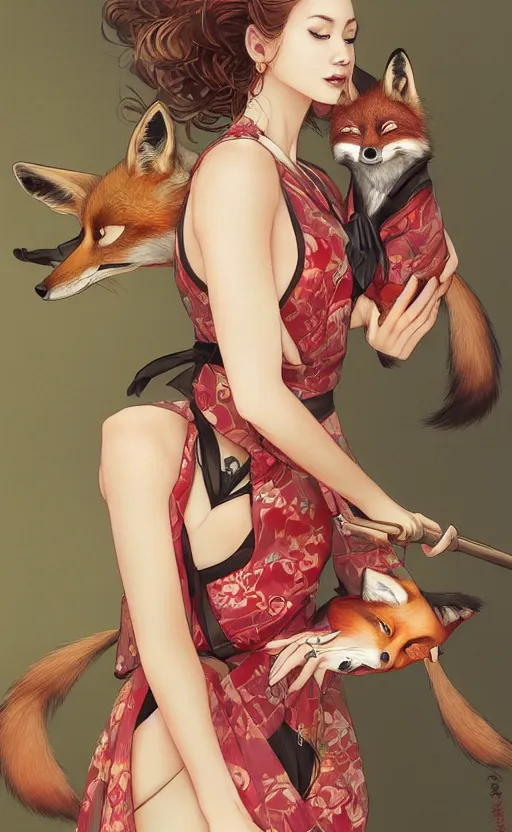 Prompt: a beautiful digital concept portrait of a beautiful woman with fox wearing a kimono by stanley artgerm lau wolp ross draws lerapi and skimichan