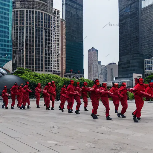 Image similar to chinese soldiers in hazmat suits carrying machine guns, detailed faces, cloud gate chicago, grey skies